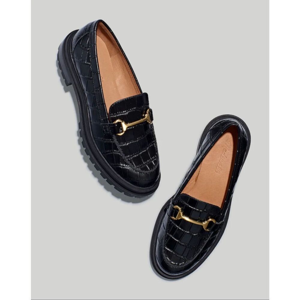 Madewell The Bradley Hardware Lugsole Loafer | 7 in Croc  Black Embossed Leather